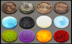 The first set of player and status tokens for in-game use